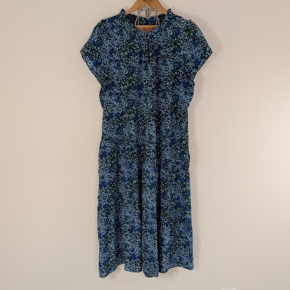 Rungolee Dress Womens L Blue Green Floral Silk Tiered Ruffle Midi Cottage - Picture 1 of 9
